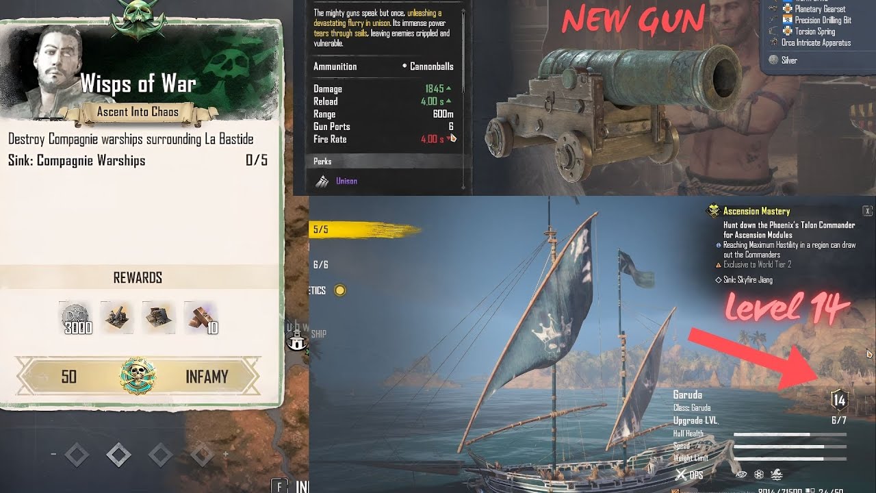 Wisps of War, Foils of Peace, Masterwork Kit, Urban's Great Gun, Ascended Dispatch, Level 14 Ship