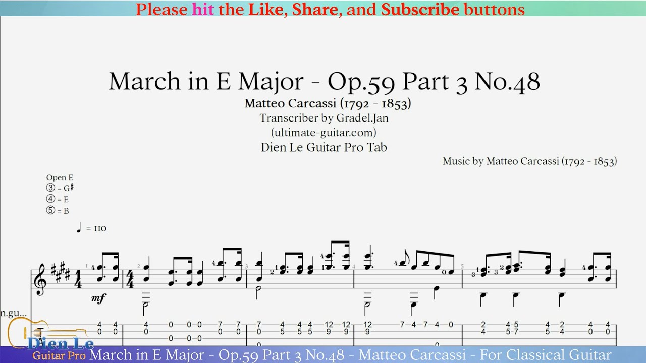 March in E Major - Op.59 Part 3 No.48 - Matteo Carcassi - For Classical Guitar with TABs