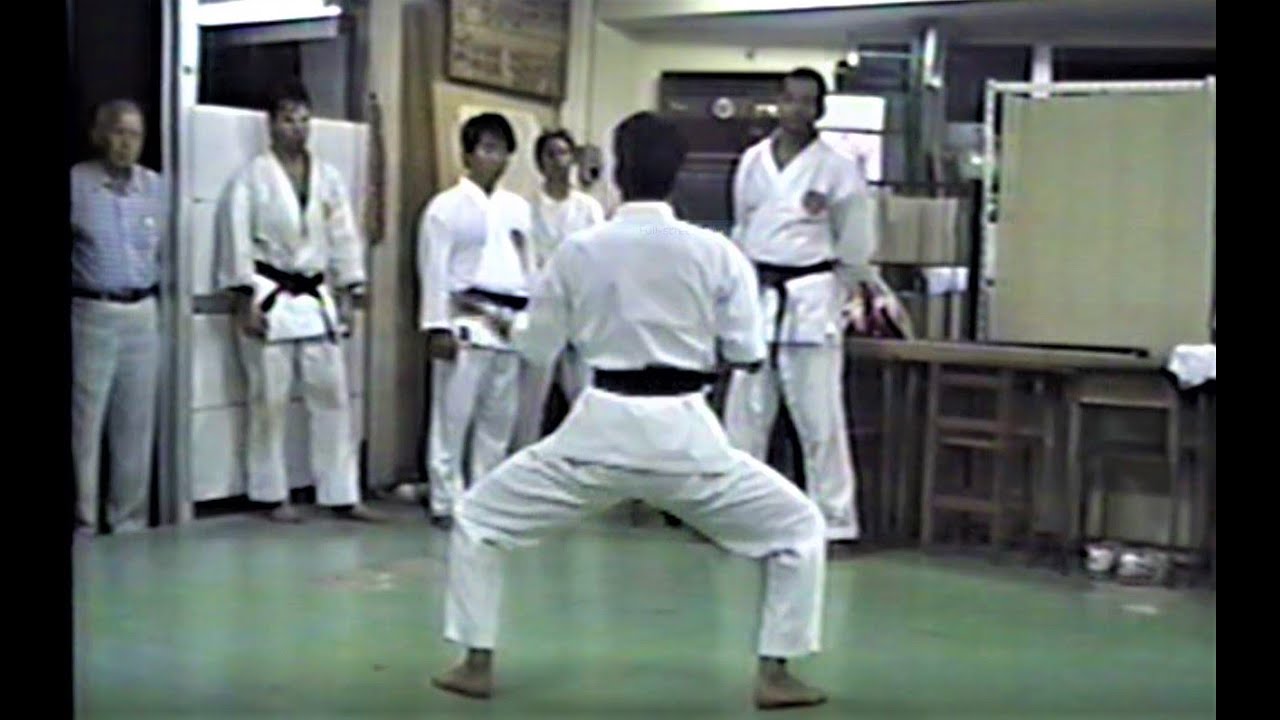 Naha City, Okinawa,1990, Sensei Meitetsu Yagi leads foreign students in Meibukan  kata.
