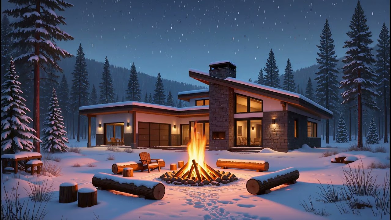 Snowy Forest Cabin with Fireplace | Cozy Winter Ambience