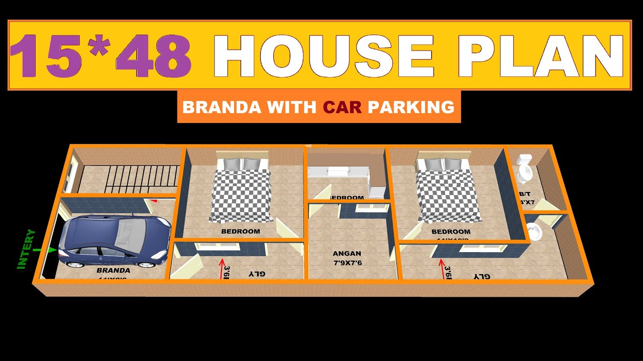 15*48 2bhk house plan with car parking/// 15*48 2बैडरूम वाला घर का नक्शा..