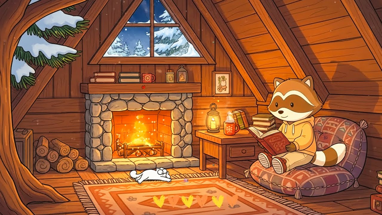 Raccoon’s Warm Winter Hideaway ❄️ Gentle Lo-fi, Snowfall Outside & Soft Candle Glow | Study / Relax