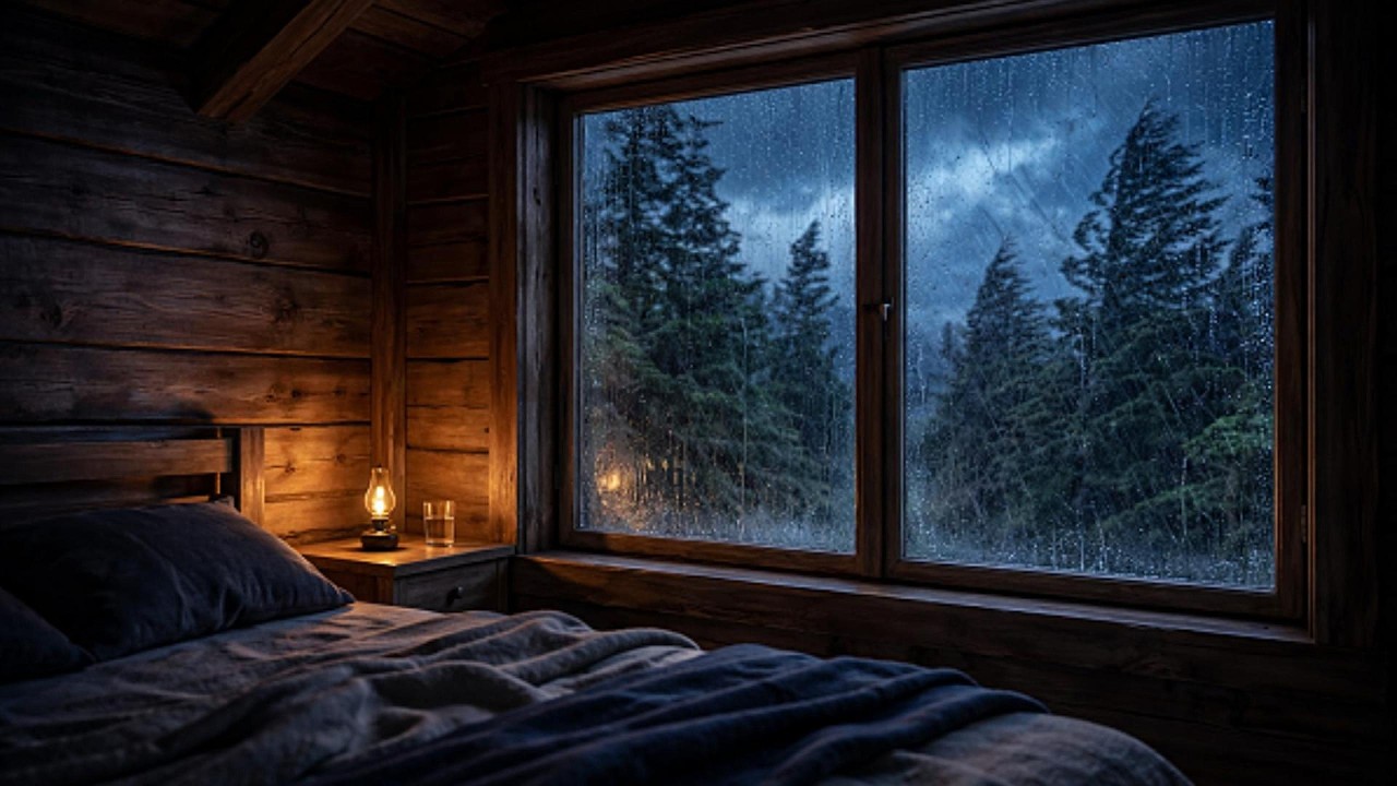 Mountain Cabin Storm at Night | 10 Hours of Heavy Rain, Wind & Thunder for Sleep
