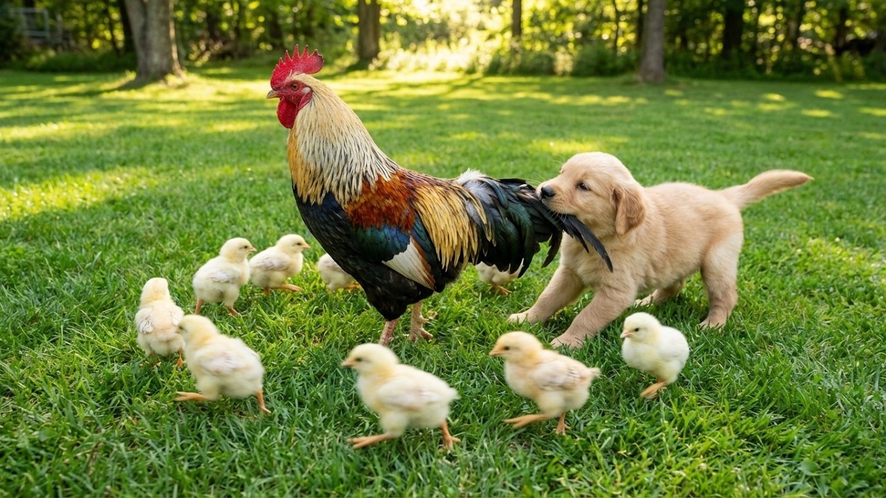 Roosters, hens, and chicks play with puppy - chicken video