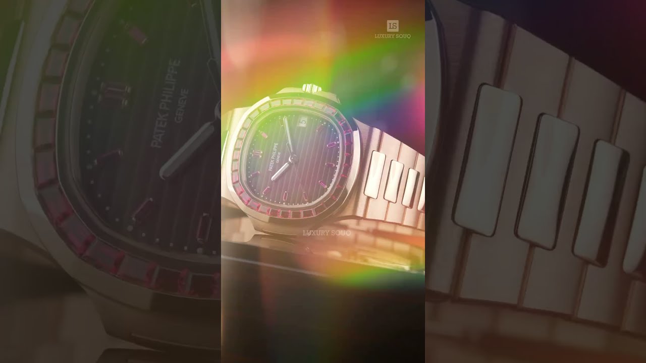 Extremely rare 18k rose gold Patek Philippe Nautilus with a baguette ruby bezel and a chocolate dial