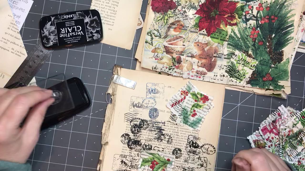 Making Christmas ephemera with napkin collaged book pages