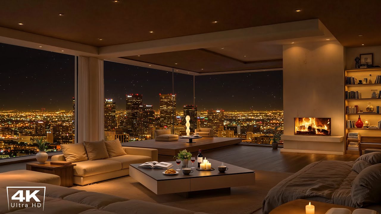 Cozy Phoenix Apartment Ambience 🌃 Relaxing Piano Jazz Music & Crackling Fireplace for Deep Sleep