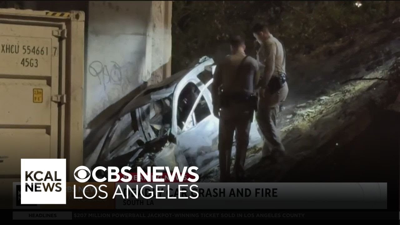 Car explodes into flames after crashing off 105 Freeway in South LA