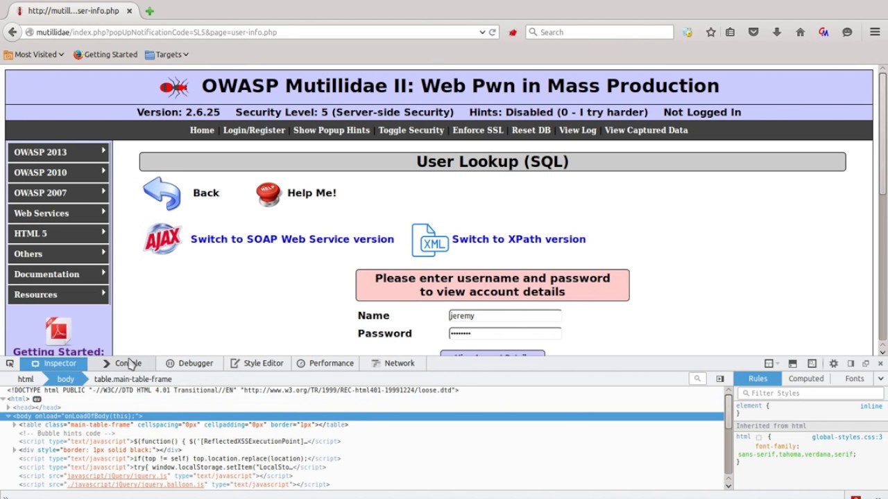 Mutillidae: How to Solve the "Show hints in security level 5" Challenge