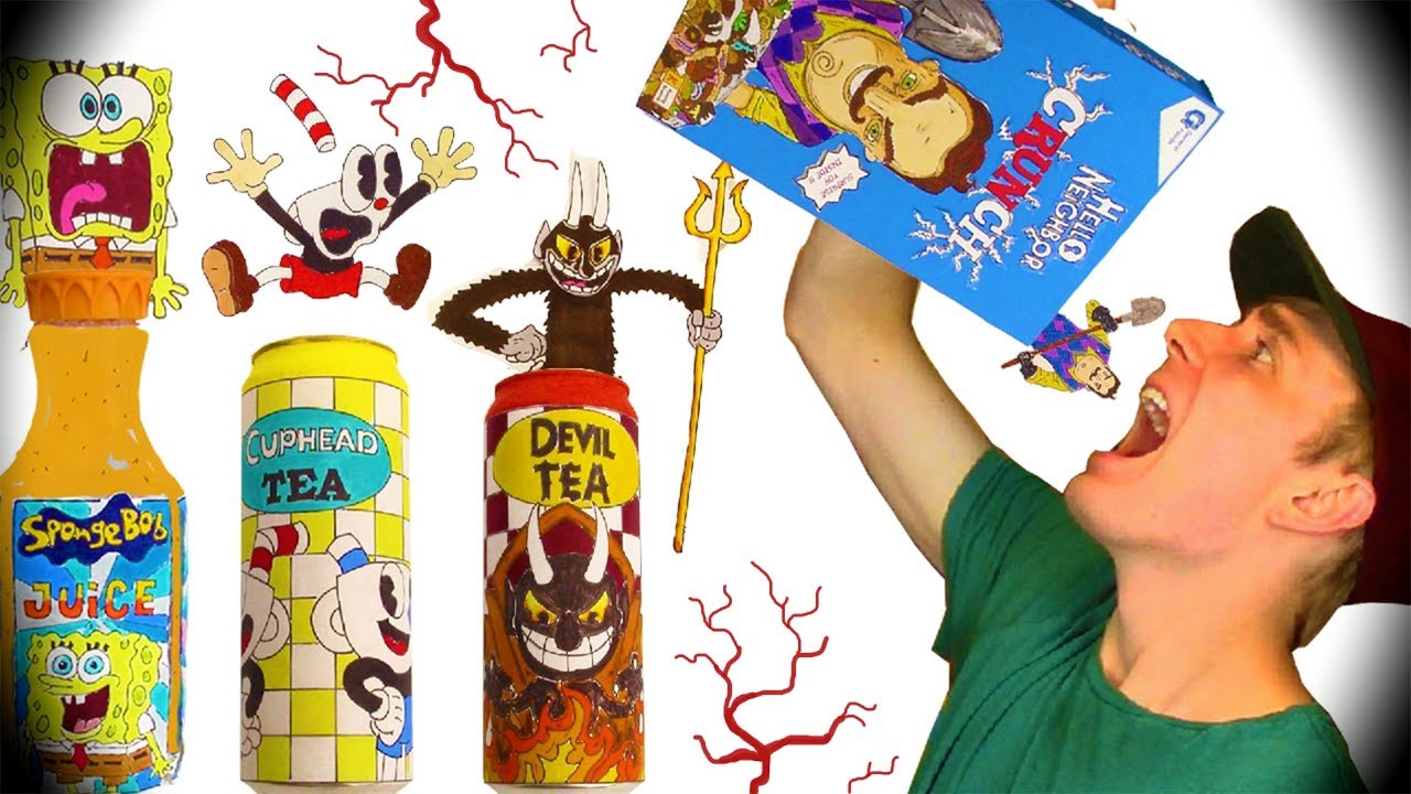 НЕ ПЕЙТЕ И НЕ ЕСТЬ ХЛОПЬЯ «ПРИВЕТ СОСЕД»😈Cuphead+Mugman+SpongeBob DIY Напитки и раскраски