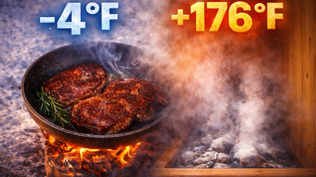 Winter Cabin ASMR: Snow Crunch, Fire Crackle, Steak Sizzle & Sauna Steam