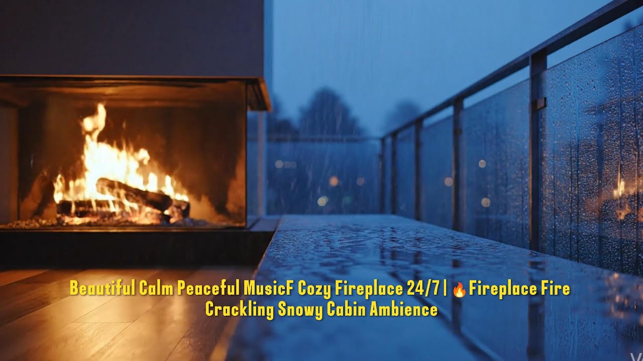 Beautiful Calm Peaceful MusicF Cozy Fireplace 24/7 | 🔥Fireplace Fire Crackling Snowy Cabin Ambience