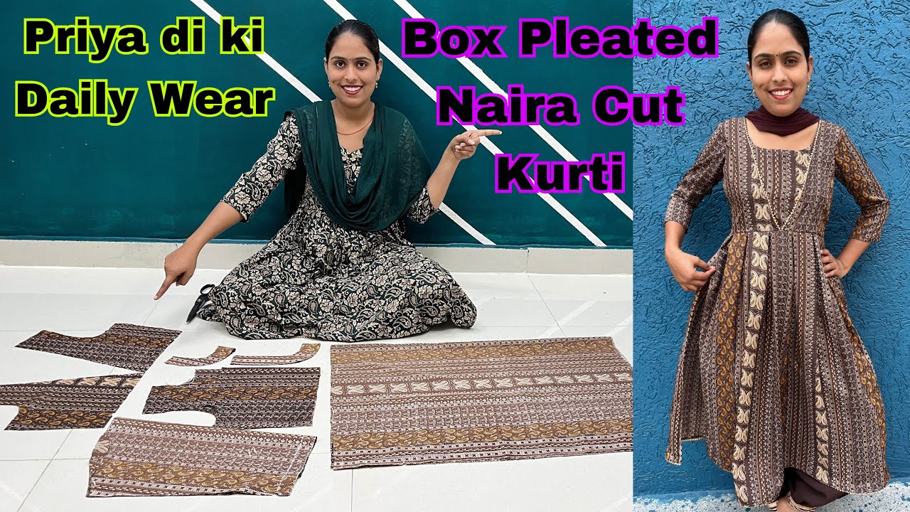 Daily Wear Box Pleated Naira Cut Kurti कैसे बनाएं // uniform plate with designer V neck Naira cut