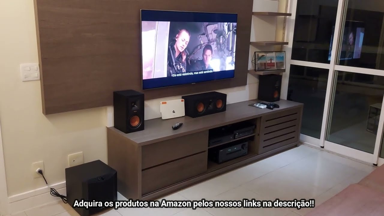 HT 5.1.2 Dolby atmos, receiver Onkyo, caixas Klipsch e JBL, sub Yamaha, Tv LG e pedestais LG