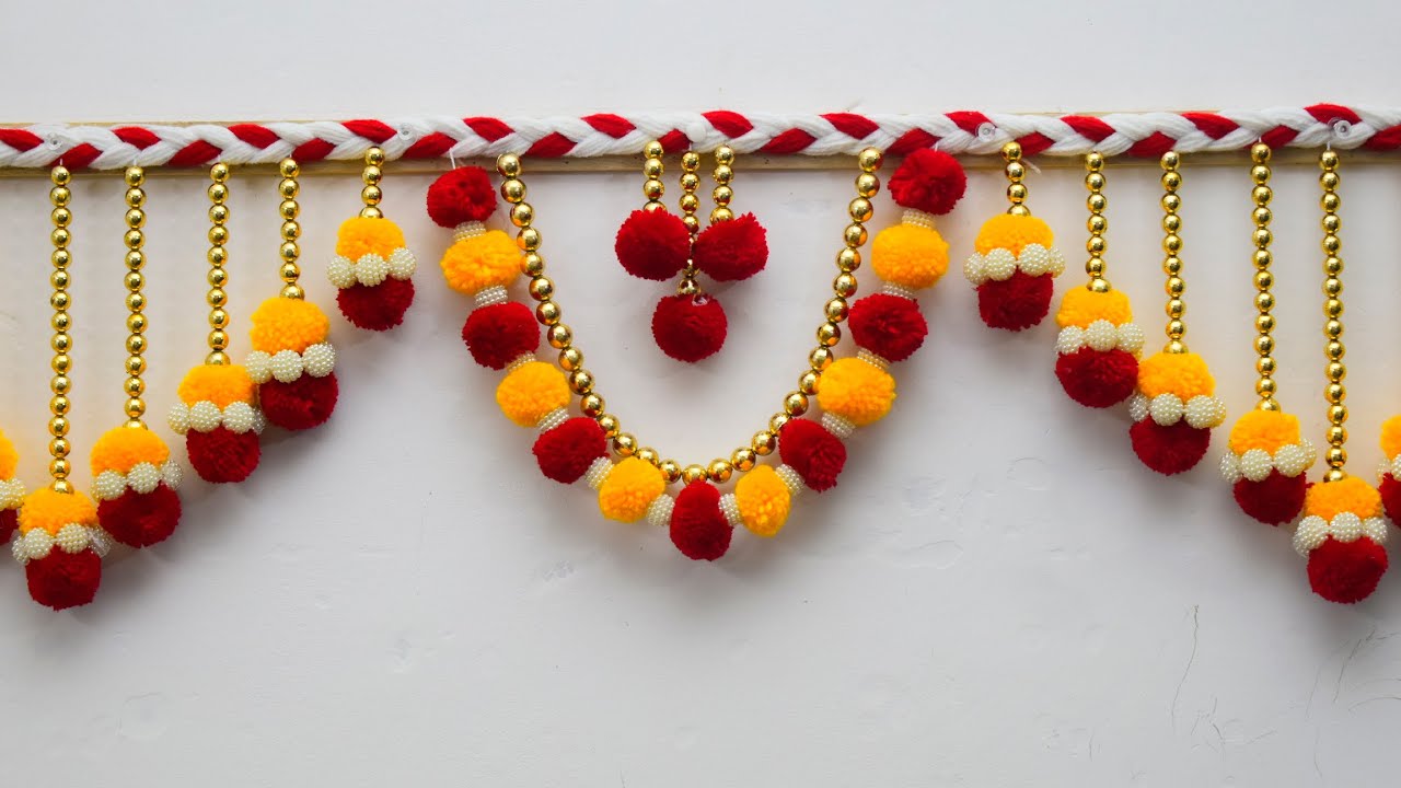 pom pom garland door hanging, Easy diwali decoration idea 2020,DIY Easy Bandhanwar Toran for Diwali