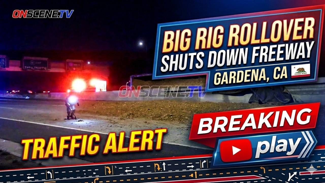 Big rig rollover covers 91 fwy with wood chips, GARDENA, CA
