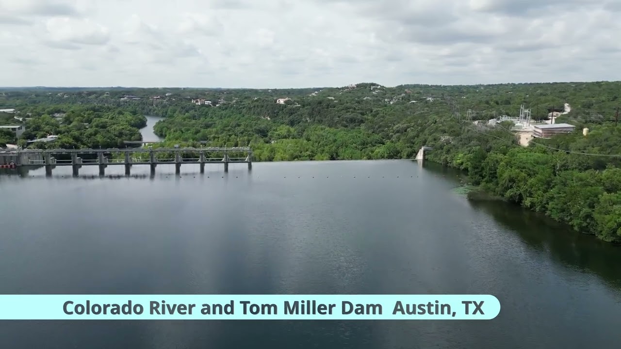 4K  Colorado River, Tom Miller Dam and Lakeside in Austin, TX  DJI Mini 3 Pro.  