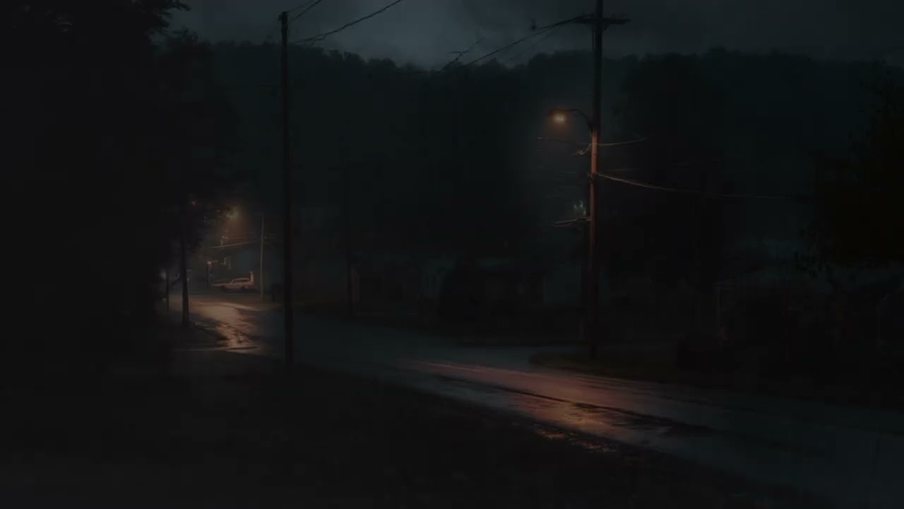 Quiet Town Streetlights | Small House Under Night Sky | Deep Rolling Thunders for Deep Sleep