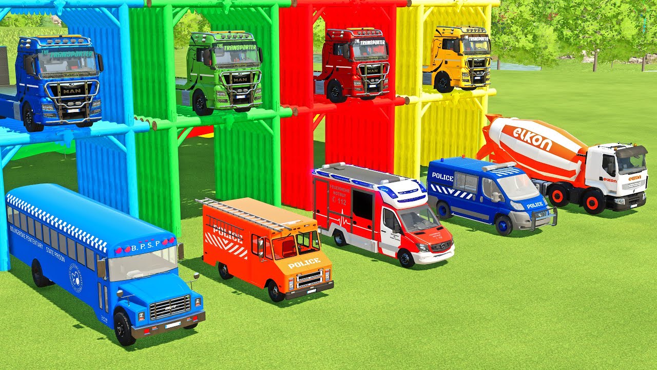 TRANSPORTING EXCAVATOR, MIXER TRUCK, BULLDOZER, POLICE CARS TO GARAGE WITH MAN TRUCK - FS22