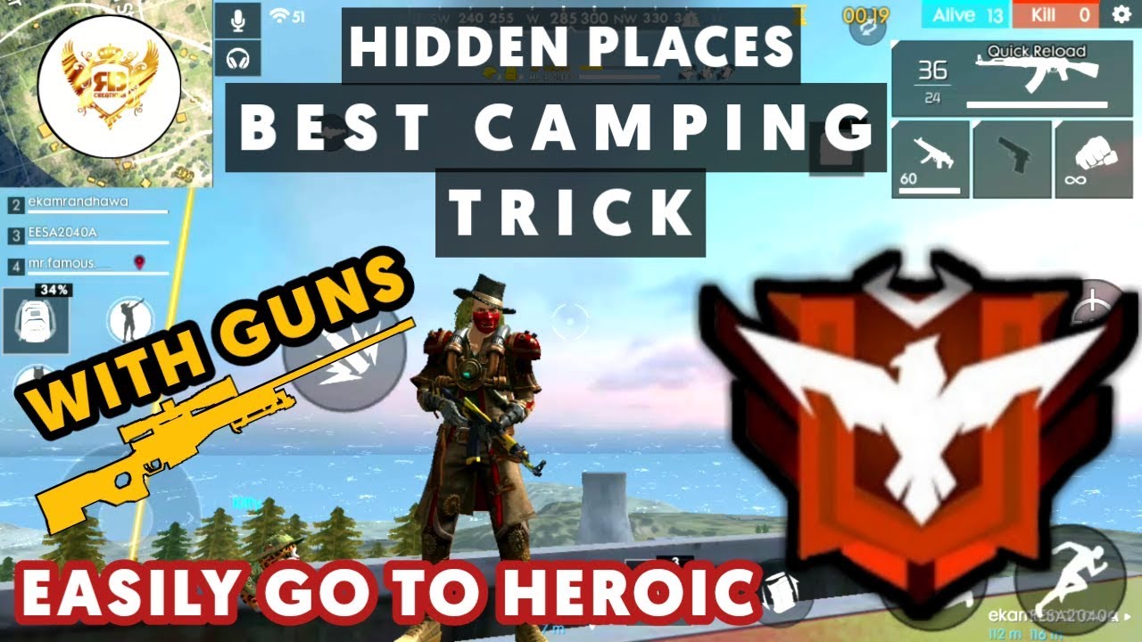 BEST TRICK TO PUSH RANK IN FREE FIRE | BEST HIDDEN PLACES FOR CAMPING & SURVIVE | 100% WORKING