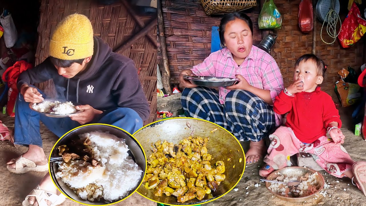 Our lunch with Dhana Laxmi & Jungle man's son  || Lamb meat curry & rice@sanjipjinarai