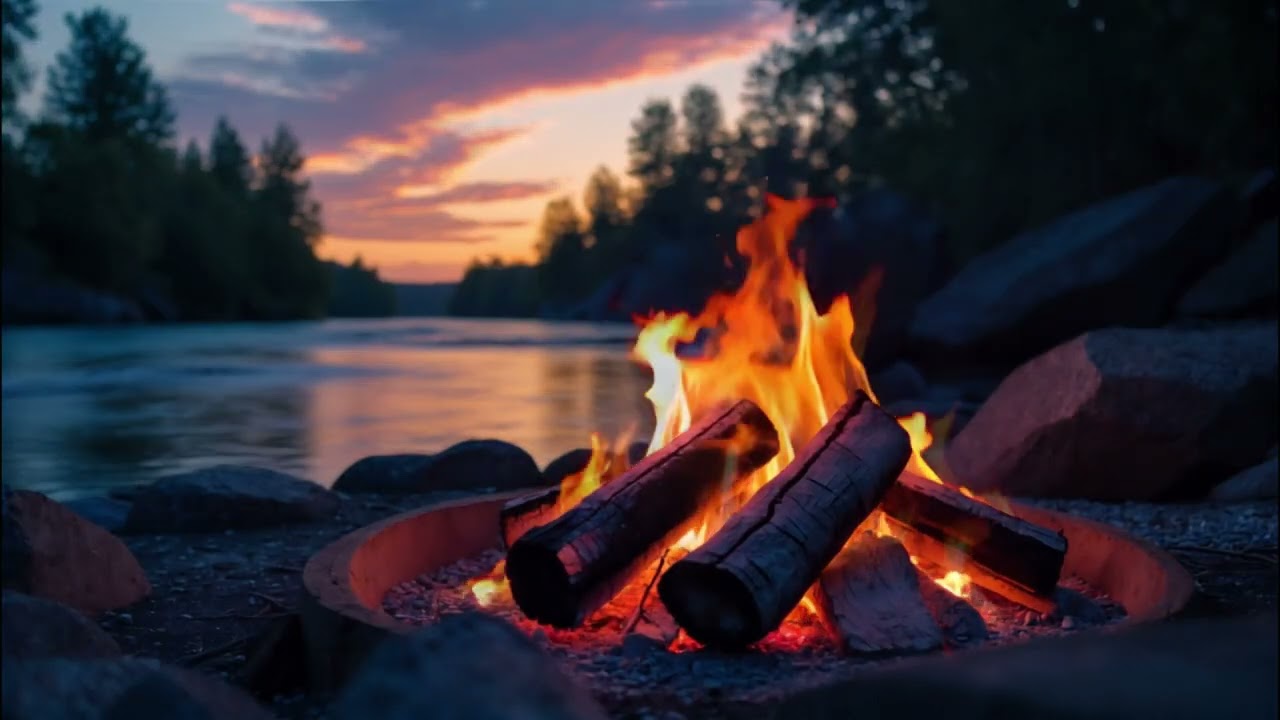 Calming Riverside Campfire at Sunset 🔥 Soft Crackling Fire & Flowing River Sounds