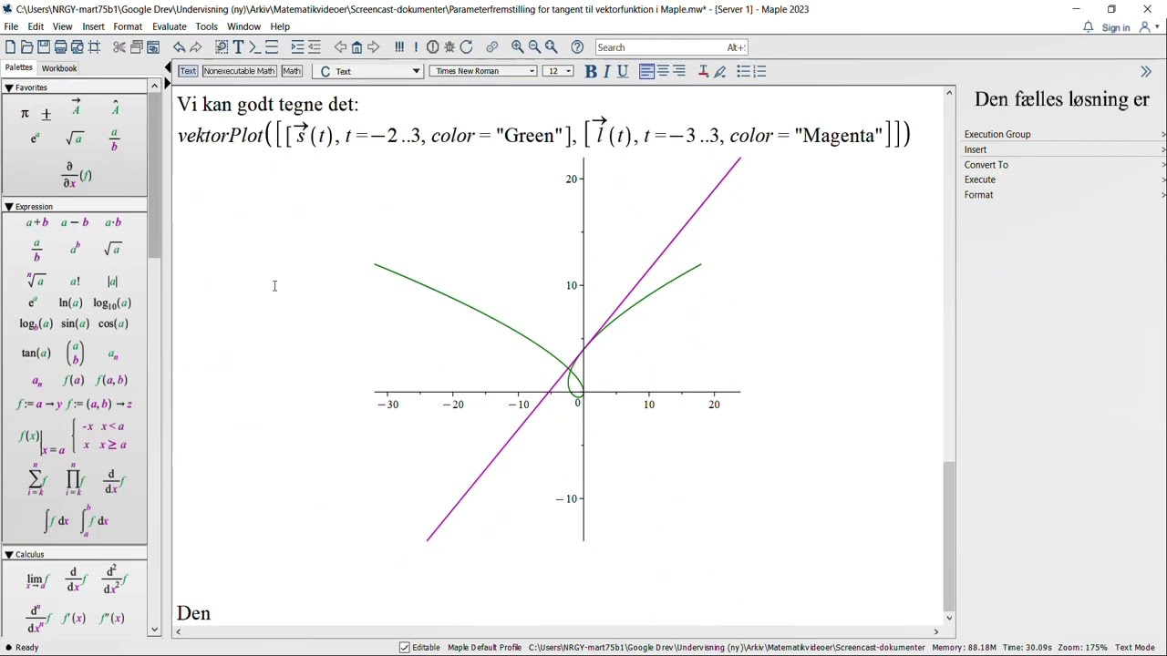 Parameterfremstilling for tangenter til vektorfunktioner i Maple