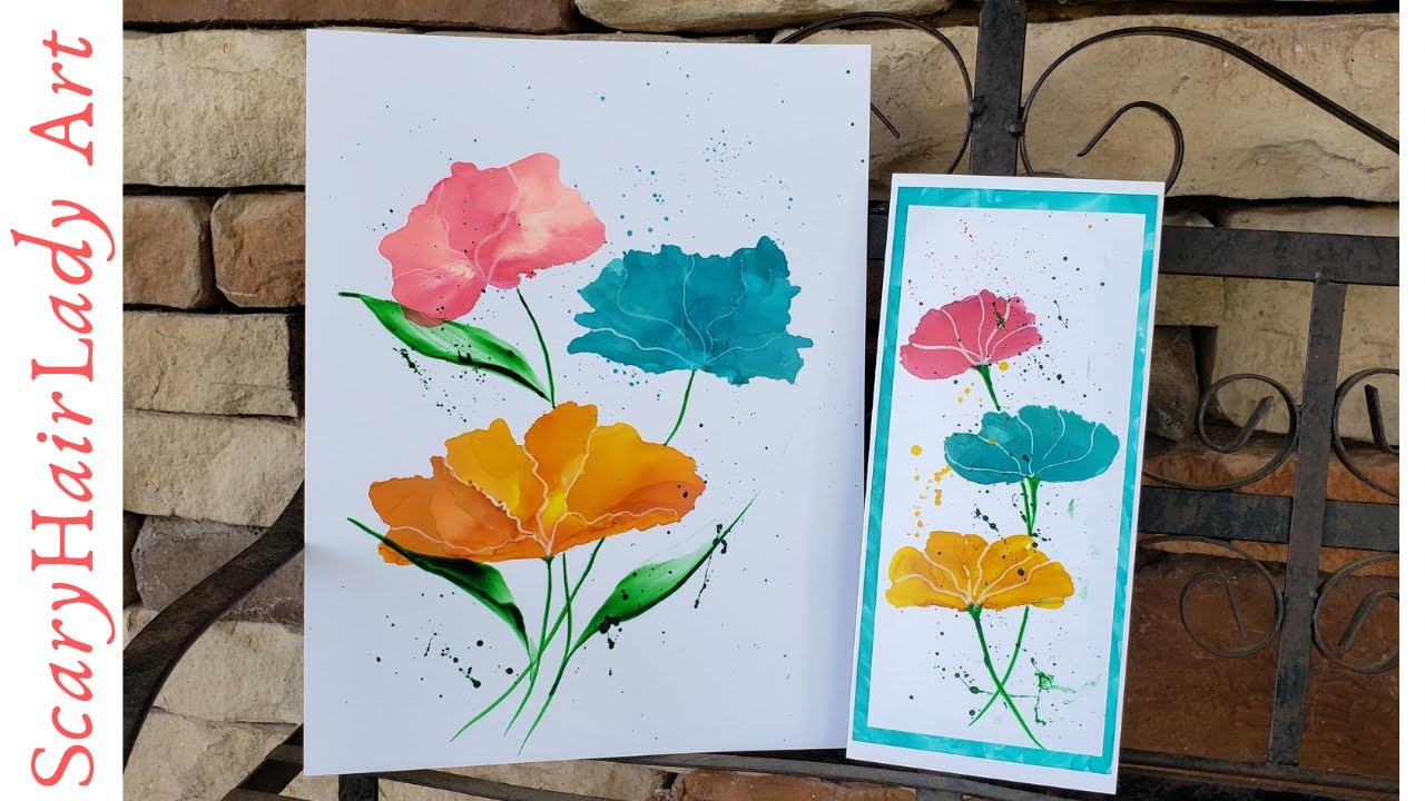 191   Alcohol Ink & Acrylic Ink flowers Painting and Card tutorial