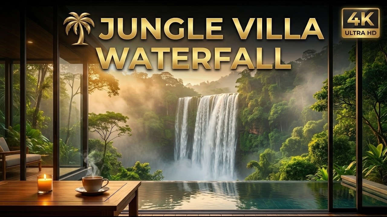 🌿🌊  8 HOURS Cinematic Journey: Luxury Jungle Villa & Massive Waterfall View — 4K Relaxing Nature