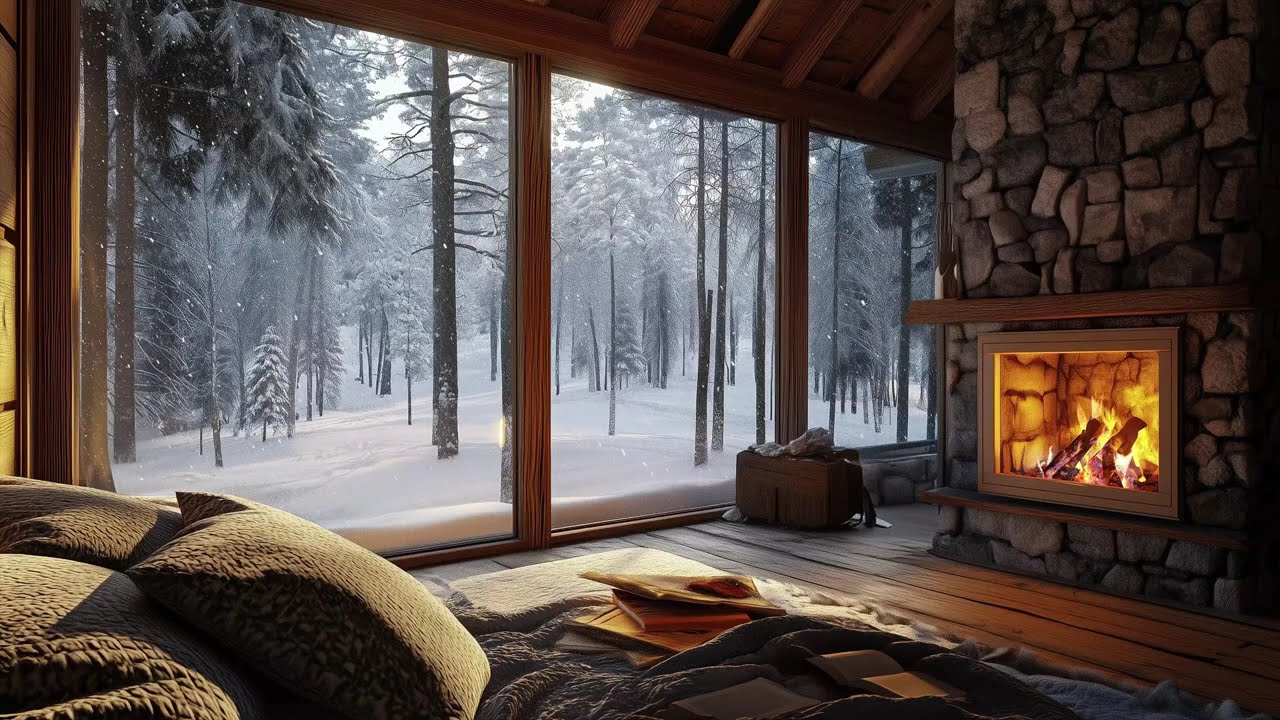 Quiet Winter Forest Cabin Night | Fireplace & Soft Jazz Ambience#quietnight#winterambience