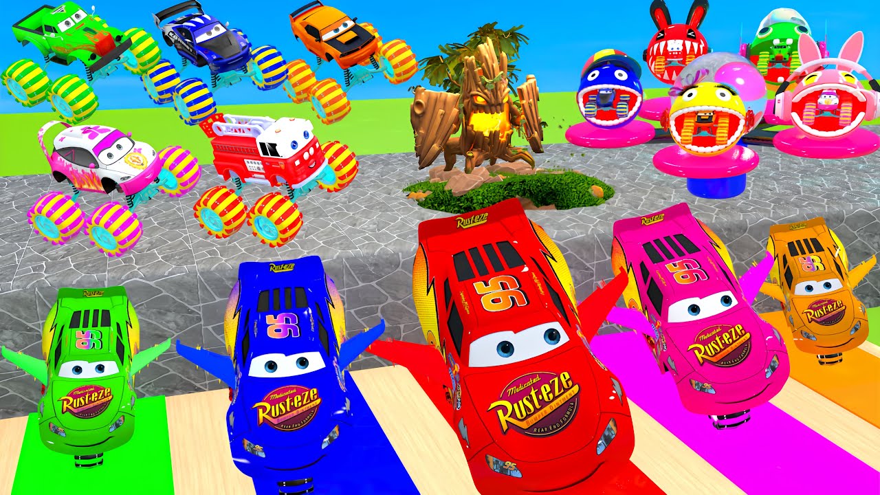 Big & Small MCQUEEN, POLICE CARS, PAC PAC, AUDI R8, FERRARI, BUS Cars Climb to Highest Level 2025