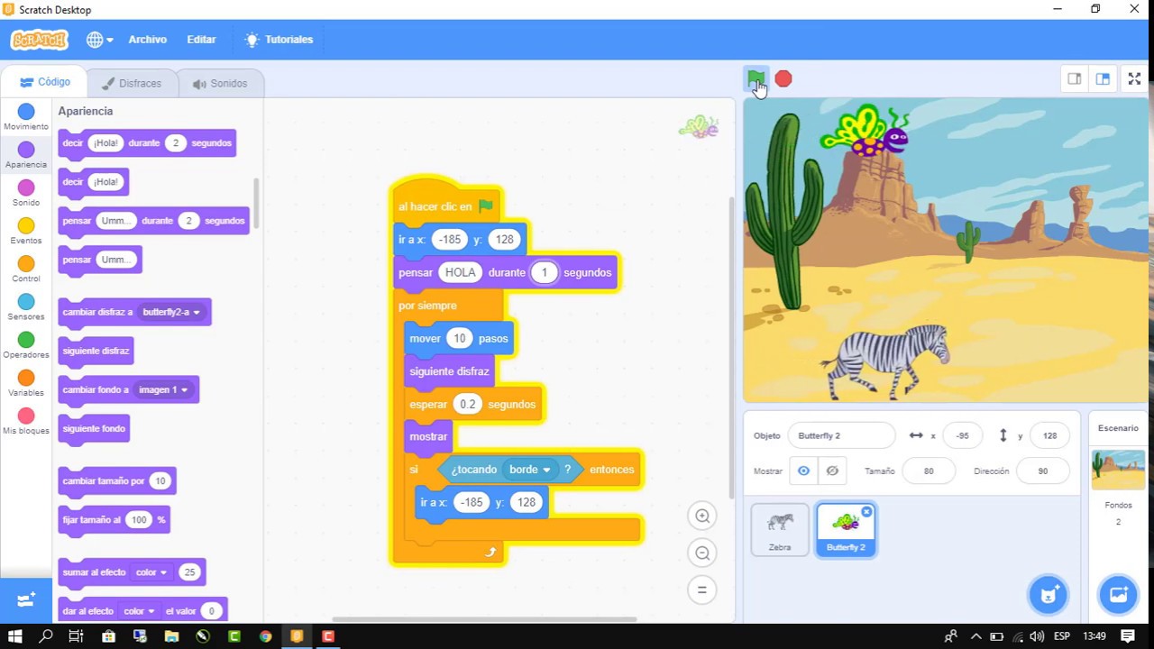 SCRATCH MOVIMIENTO DE OBJETOS CON CAMBIO DE DISFRAZ EN DIFERENTES ESCENAS