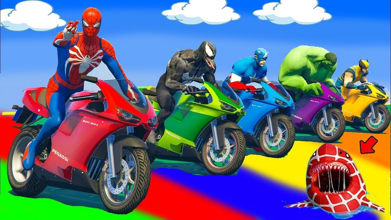 SPIDER MAN Takes on Spiral Bridge Stunt Ride on Motorcycle🦺🥽بطال الخارقين على القضبان دوامة قمع
