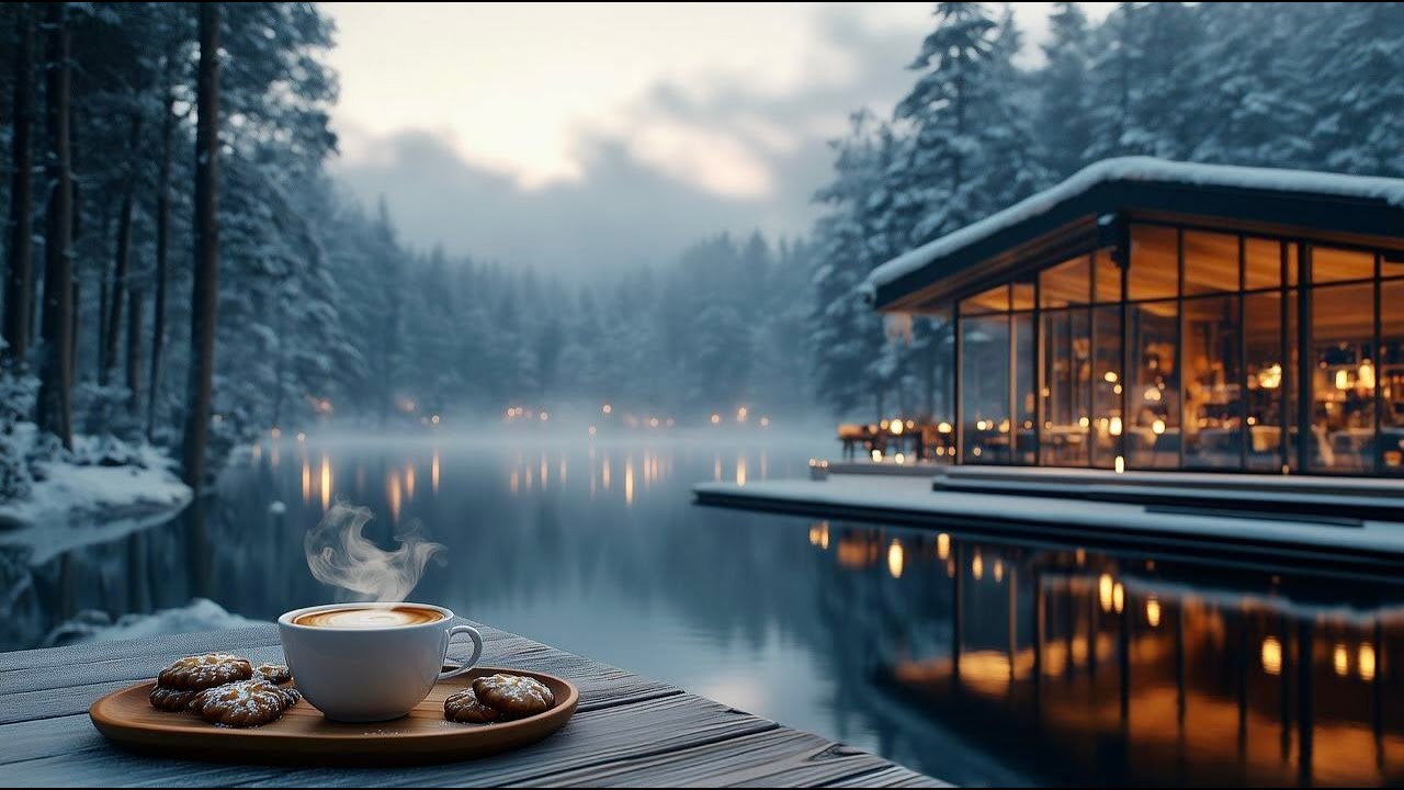 Winter Lake Café Jazz ❄️ Cozy Fireplace Coffee Ambience by the Snowy Forest