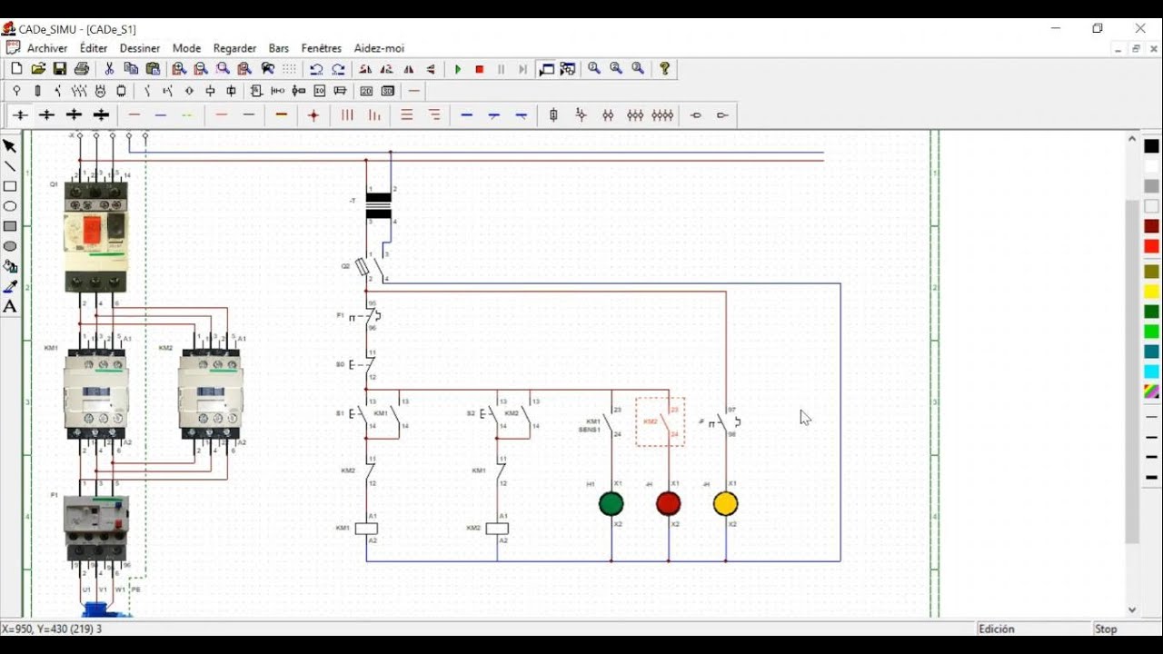 Démarrage Direct Moteur Triphasé - Deux Sens de Rotation avec signalisation - Simulation CADe_SIMU