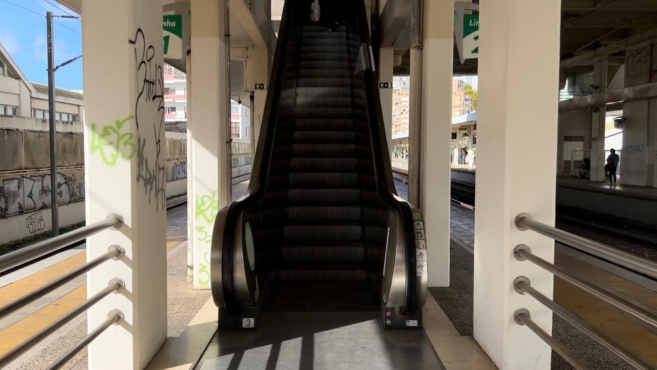 Lisbon, Portugal. 2x KONE Escalator ride at Queluz-Belas Railway Station - Platforms to bridge