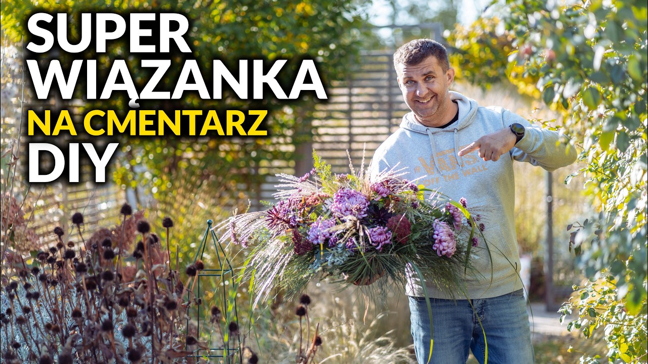 Fioletowa dekoracja na grób. Jesienny stroik na cmentarz.