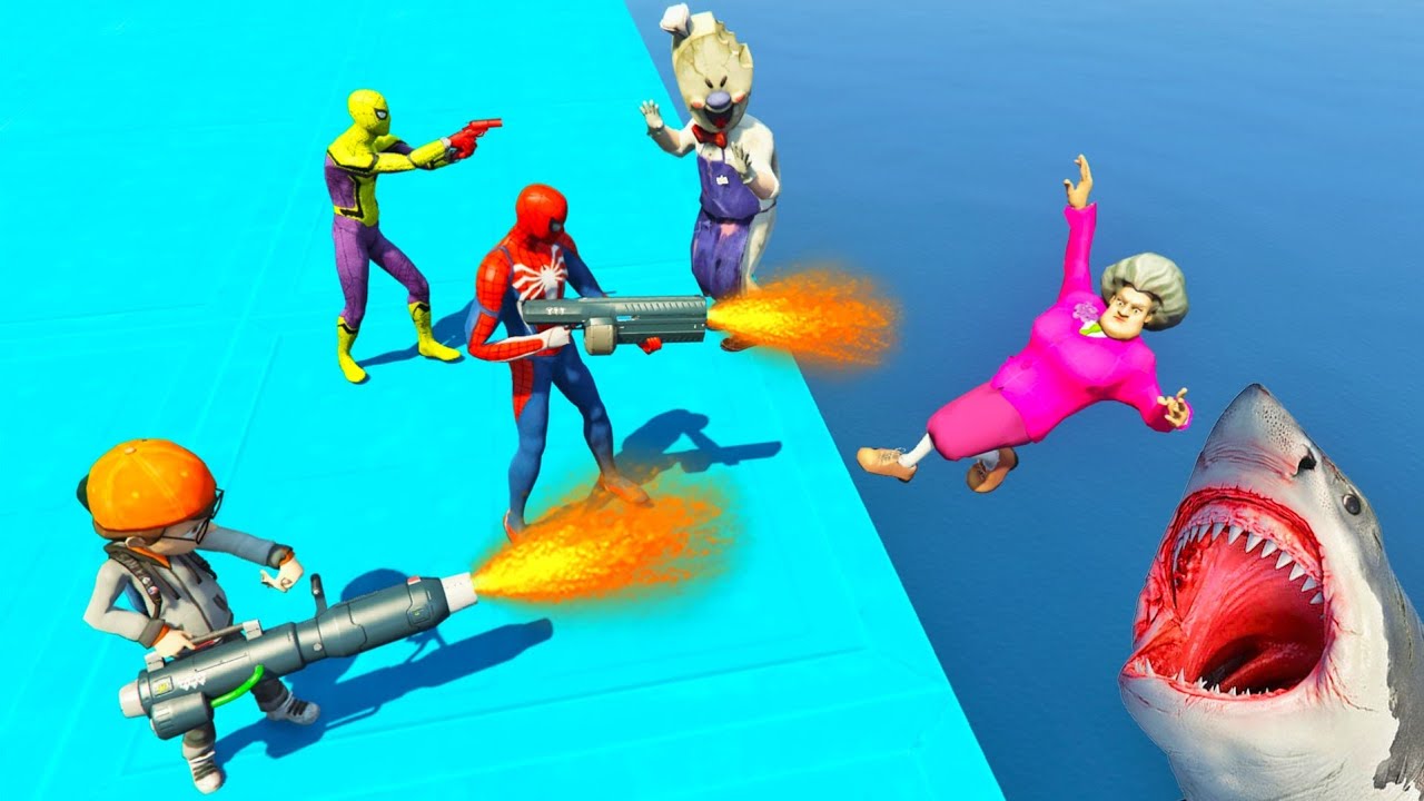 Scary Teacher 3D - Spiderman Vs Miss'T - Nick and Tani Rescue - Shark Battle in the Sea