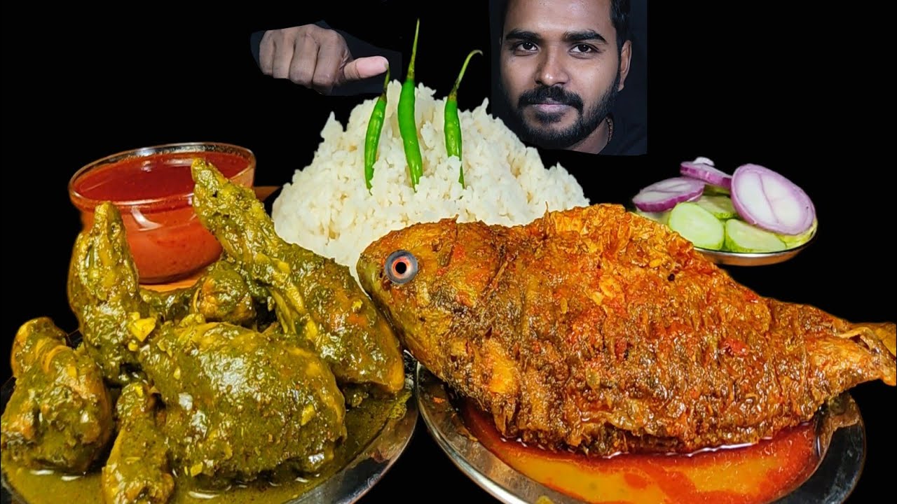 Eating Haryali Chicken Curry with Rice | Spicy whole Fish Curry, Chilli & Salad Mukbang