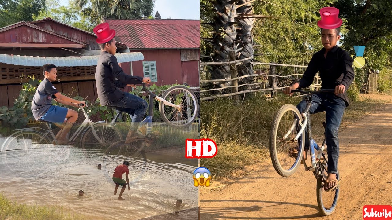 បង្ហោះកង់ លោតទឹក🏊🚲😂-the bicycle fly🚲and swimming 🏊
