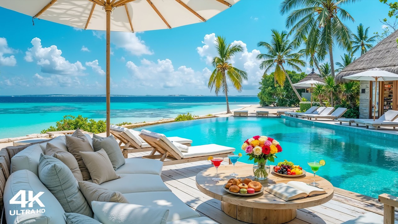 Elegant Bossa Nova Jazz & Ocean Wave Sounds at Morning Beach Cafe Ambience for Relax, Study, Work