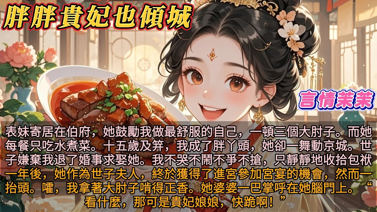 《胖胖貴妃也傾城》從小表妹就鼓勵我做最舒服的自己，一頓三個大肘子。而她每餐只吃水煮菜。十五歲及笄，我成了胖丫頭，她卻一舞動京城。世子嫌棄我退了婚事求娶她。我不哭不鬧不爭不搶，只靜靜地收拾包袱。