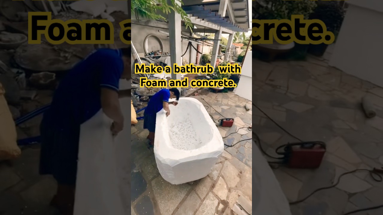 Make a faux stone bathtub with foam and concrete.