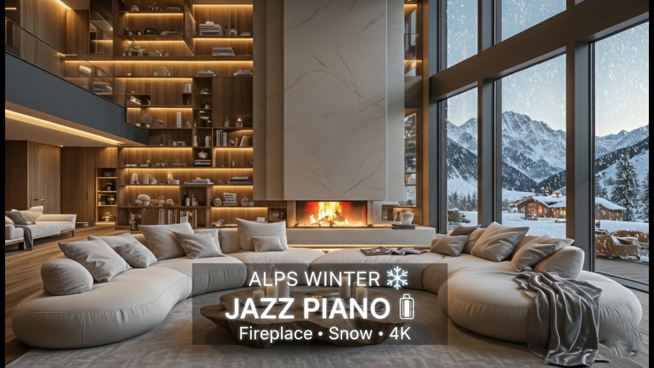 🇨🇭 Swiss Alps Winter Chalet ❄️ Fireplace & Jazz Piano 🎹 Snow Mountain Ambience