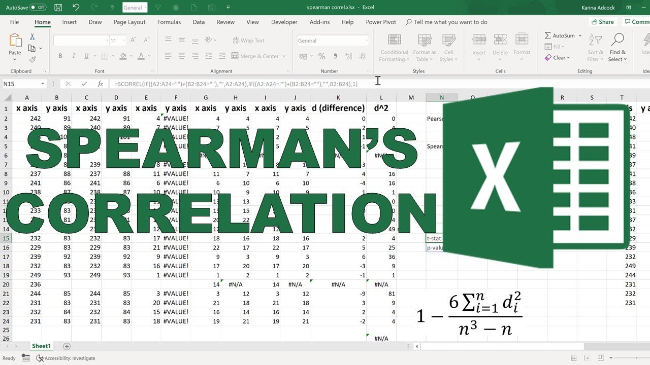 How to calculate Spearman's correlation in excel with missing values