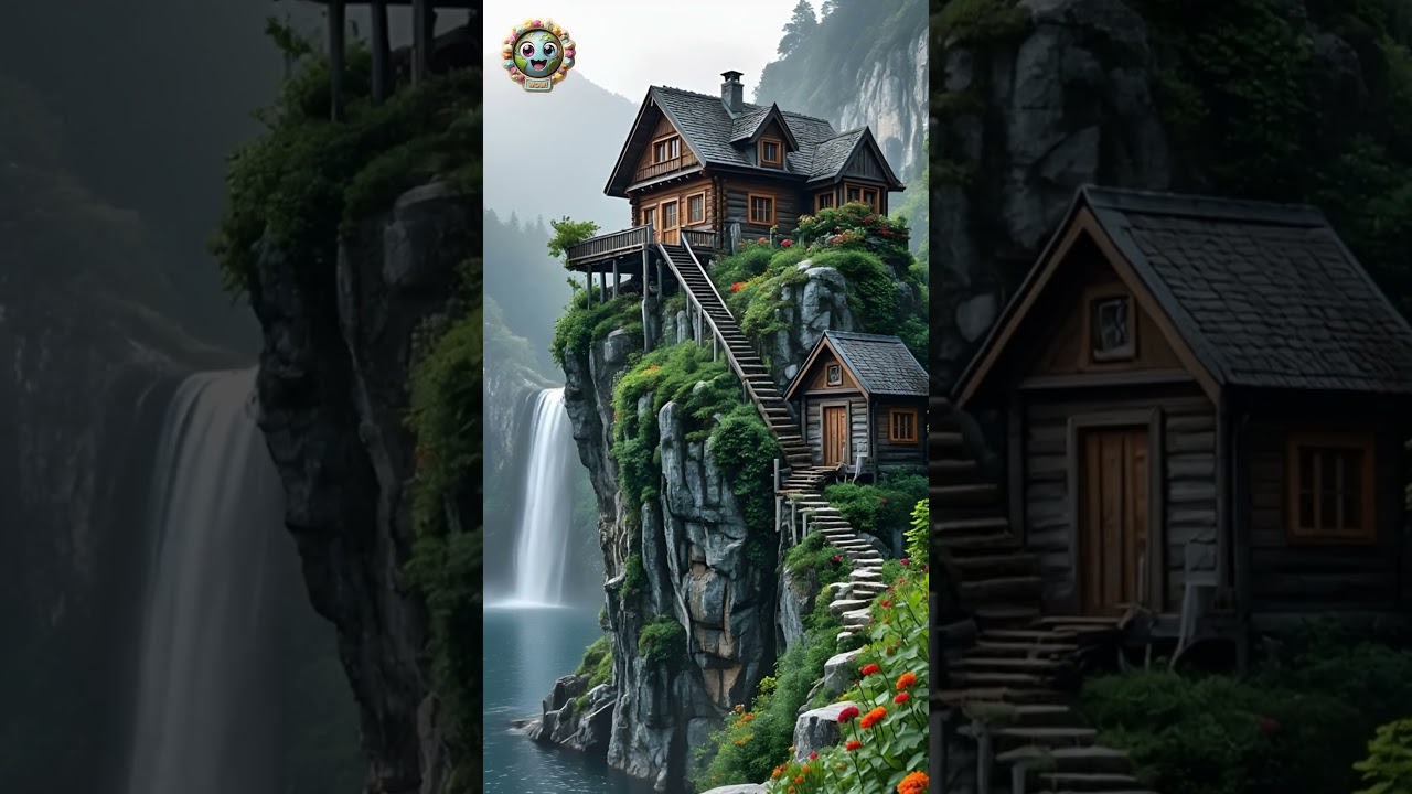 🏞️ Epic Cliffside House! Stunning Waterfall & Mountain View 🌊✨ #youtubeshorts #shortvideo #shorts