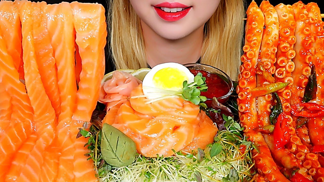 ASMR Mukbang SALMON NOODLES & SPICY OCTOPUS Eating sounds