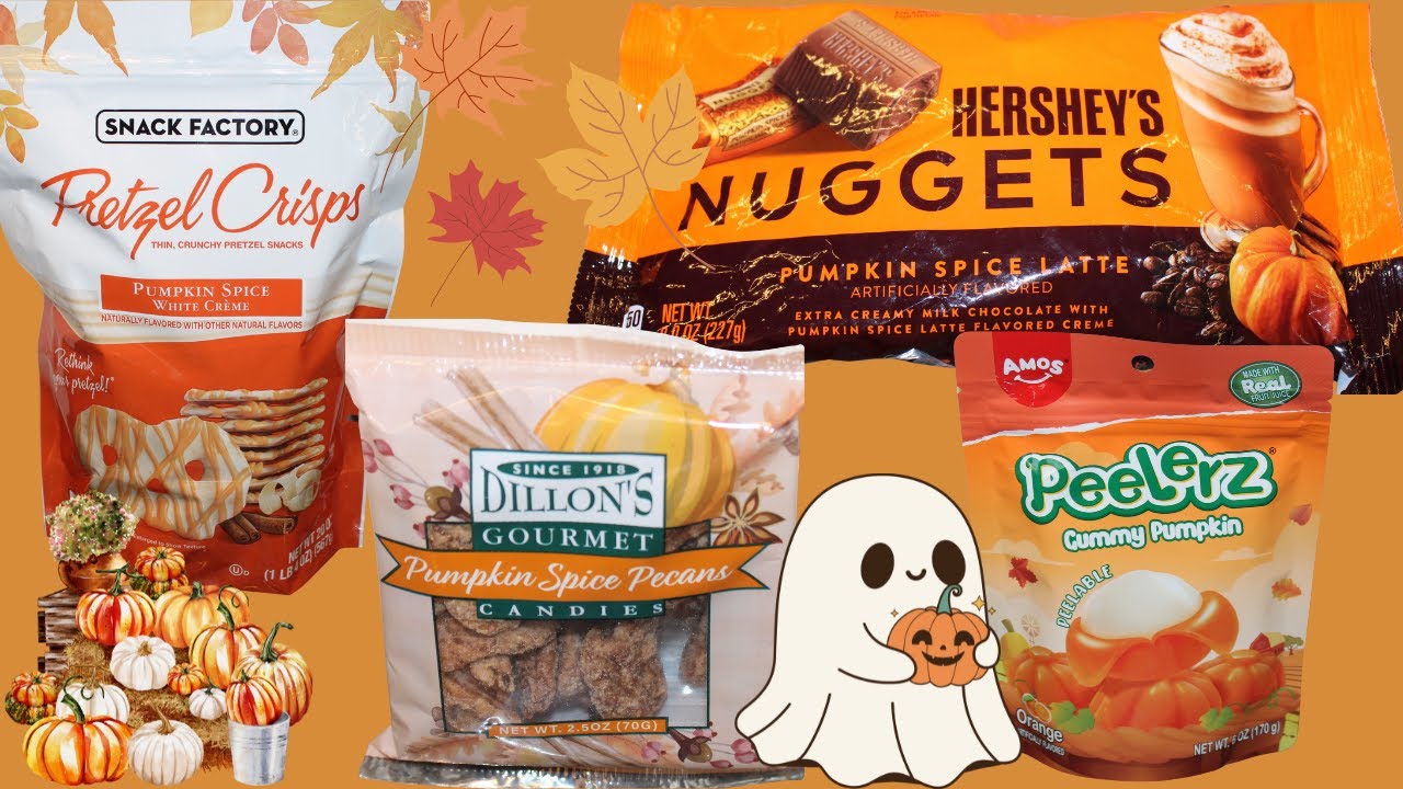 Snack Factory Pumpkin Spice, Dillon’s Pumpkin Spice Pecans, Hershey’s Pumpkin Spice Latte, Peelerz