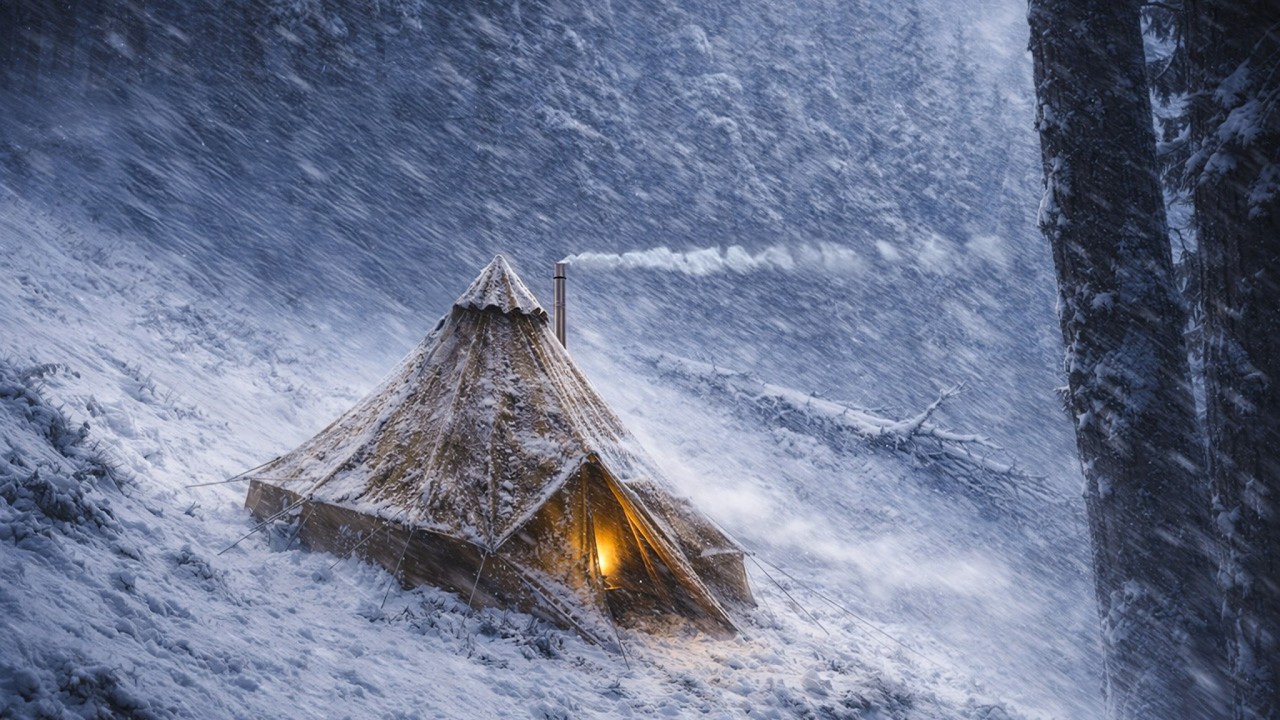 Solo Hot Tent Camping in a Snowstorm | Cozy Winter ASMR