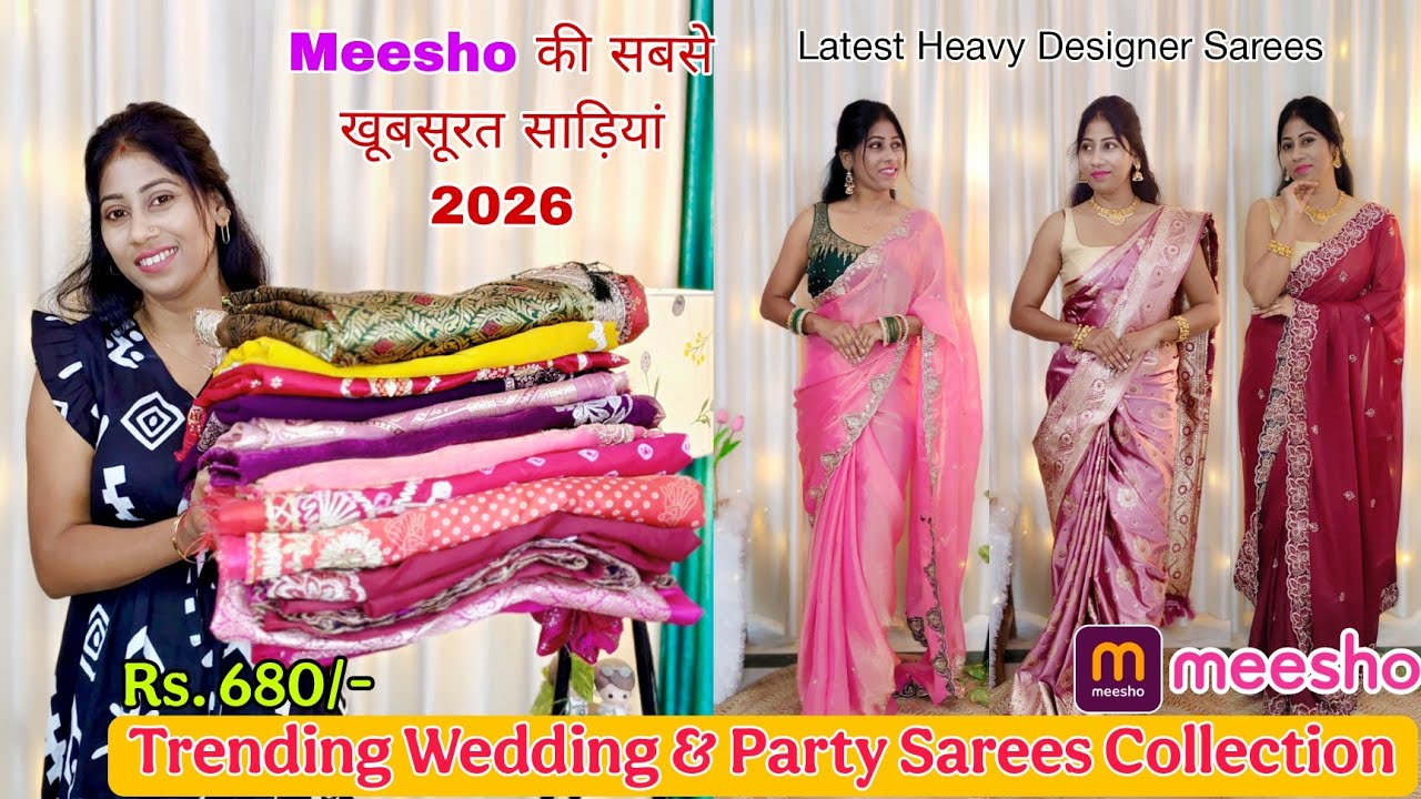 ⭐Meesho Saree Haul Rs.680 😍 Meesho Silk Saree Haul | Party & Wedding wear saree haul | Trendy Design